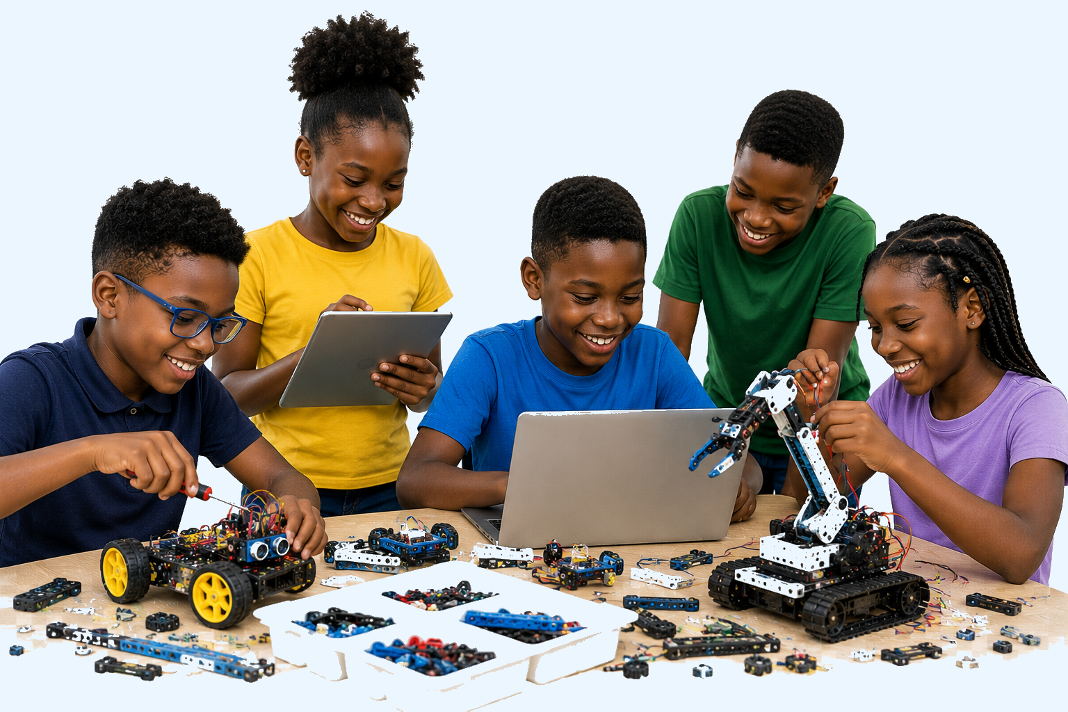 Campers building and programming robots at Uplift Summer Camp